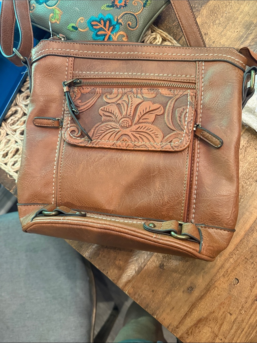 boc Brown Floral-Tooled Crossbody Bag 11x12 EUC